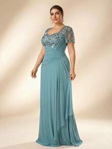 Serin Plus Size Elegant Romantic Mint Green Sweetheart Neck Puff Sleeve Luxury Embroidered Mesh Patchwork Pearl & Rhinestone Ruffle Mermaid Hem Formal Evening Gown (Intricate Design) Mother - Green - View 6