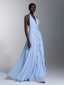 Elitara Robe élégante et romantique à dos nu en mousseline de soie, à volants multicouches et ourlet évasé. Convient pour les festivals, mariages, galas, concerts, événements professionnels, occasions pour les influenceurs des médias sociaux - Bleu ciel - Voir 3
