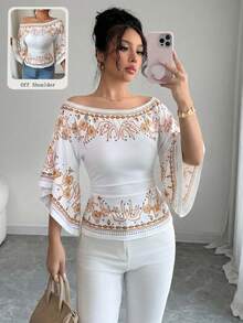 Elenzga 白色针织弹力喇叭袖露肩优雅印花T恤，女士百搭夏季T恤 - 杏色 - 查看 3