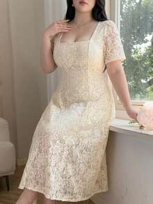 Vibekara Plus Size Romantic Square Neck Waist Gathered A-Line Lace Dress - Apricot - View 2