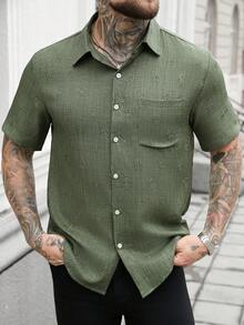 Manfinity Homme 男士休闲短袖衬衫，夏季 - 綠色 - 查看 4