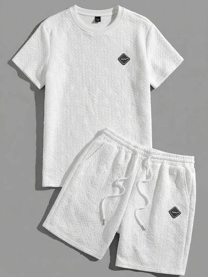 Manfinity Unisex 2pcs/Set Men's Casual Loose Short Sleeve T-Shirt Set, Plain White, Standard Size