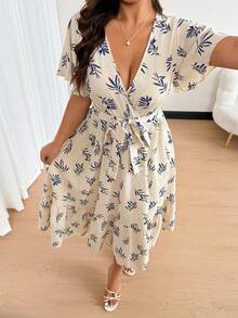 Easura Plus Size Floral Print Ruffle Hem Dress - Apricot - View 6