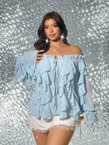 Viva Relle 大码露肩系带荷叶边优雅浅蓝色衬衫 - 藍色 - 查看 2