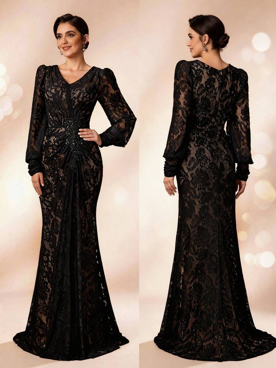 Serin Elegant Luxurious Embroidered Elastic Lace Puff Sleeve Ruched Fishtail Dress With Rhinestone Buttons, Suitable For Weddings, Parties, Vacations, Galas, Holidays, Bride, Mother Of The Bride Evening Gowns - Navy Blue - View 1