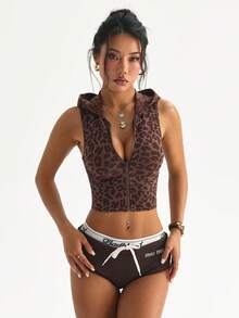 Dewbera Seamless Ribbed High Elasticity Leopard Jacquard Fitness Casual Daily Running Sports Hooded Jacket - Brown - View 7