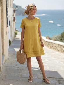 EMERY ROSE 女士纯色圆领短袖直筒休闲连衣裙，夏季 - 黃色 - 查看 3