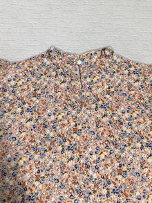 EMERY ROSE 女士休闲黑色碎花立领双层荷叶袖短袖衬衫，春夏款 - 粉色 - 查看 6