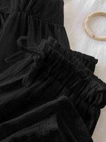 少女休闲基础款度假T恤套装，白色吊带宽松蕾丝边上衣和白色阔腿裤 - 黑色 - 查看 4