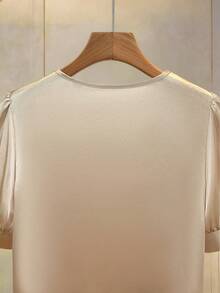 Lyxana Women's Solid Color Faux Pearl Decor Asymmetric Collar Puff Sleeve Elegant Blouse - Apricot - View 3