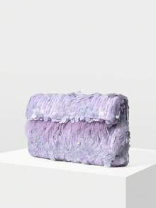 MOTF PREMIUM Túi xách cầm tay vuông giả lông vũ thời trang nữ, thích hợp cho ngày Valentine, phối hoàn hảo với váy dạ hội, phụ kiện dạ hội, váy đính sequin lấp lánh. - Màu tím - Xem 2