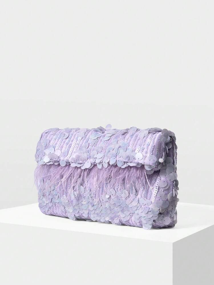 WOMEN'S FASHION SQUARE FAUX FEATHER CLUTCH BAG, VALENTINES, PERFECTLY MATCHING WITH PROM DRESSES, PROM ACCESSORIES,SEQUIN DRESS SPARKLY DRESS