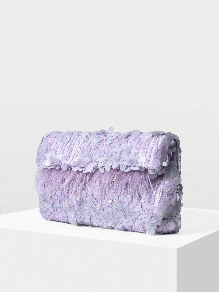 MOTF PREMIUM Túi xách cầm tay vuông giả lông vũ thời trang nữ, thích hợp cho ngày Valentine, phối hoàn hảo với váy dạ hội, phụ kiện dạ hội, váy đính sequin lấp lánh. - Màu tím - Xem 2