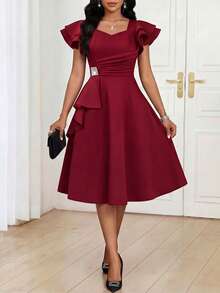 Fleurora Women's Elegant Ruffle Sleeve Sweetheart Neck Rhinestone Waist Midi Dress, Summer - Burgundy - View 6