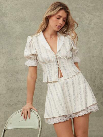 WESTFADE 条纹花卉印花镂空A字迷你裙