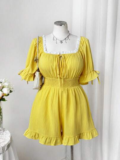 Sweetra Plus Size Women's Spring/Summer Picnic & Gathering Outfit, Farmhouse Sweet Cute Lace Trim Collar Puff Sleeve Bow Tie Decor Solid Color Romper, Yellow, Ruffle Hem
