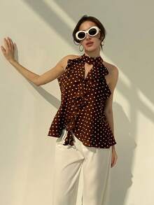 Aloruh Camiseta ajustada con volantes y estampado de lunares bohemio retro para mujer - Café integral - Ver 6