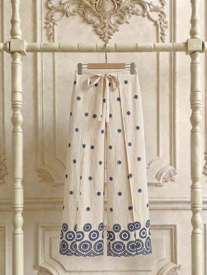 SHEIN MOD Women's Casual Floral Print Wide Leg Pants, Summer, Going Out, Party Outfit, Vacation Outfits, Retro, Vintage, Country Outfits, Teacher Outfits For Women, Date, Picnic, Cute, Work Outfits For Women, Western Style, Country Style, Music Festival Outfits, Vintage, Boho, Women's Embroidered Wide Leg Pants With Drawstring Waist Casual Summer Trousers, Bohemela Pants, Wide Leg Summer Pants, Flower Pants, Festival Outfit, Casual