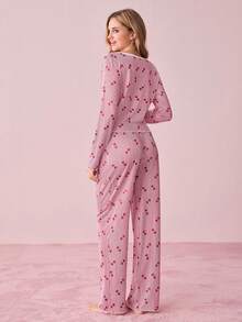 Bonmuse Women's Knitted Jacquard Heart Print Lace Trim Square Neck Collar Long Sleeve Pajama Set - Multicolor - View 2