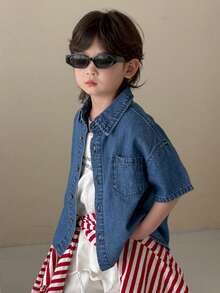 DAZY 男童休闲水洗短袖牛仔上衣 - 中等水洗藍 - 查看 3