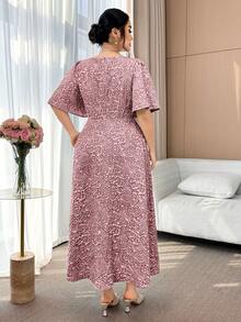 Modelyn Vestido elegante de talla grande con cuello cuadrado, manga corta y volante en la cintura - Rojo - Ver 2