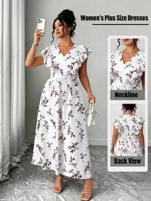Elenzga Women Elegant White V Neck Long A Line Floral Random Print Dress With Ruffle Details And Sleeveless Design - White - View 3