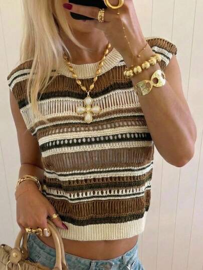 SHEIN EZwear New Summer Music Festival Yellow Fashionable Western Style Women's Crew Neck Sweater, Multi-Color, Autumn/Spring