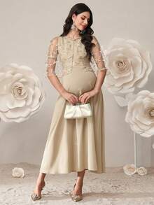 SHEIN 2pcs Maternity Elegant Dress & Embroidered Mesh Jacket Set - Apricot - View 6
