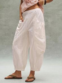 Bohemela Quần dài nữ dáng rộng, cạp chun, màu trơn, chất liệu vải dệt, thích hợp cho kỳ nghỉ xuân/hè. - trắng - Xem 2