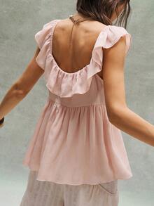 Bohemela 女士纯色V领荷叶边吊带背心，春夏款 - 藕粉色 - 查看 7