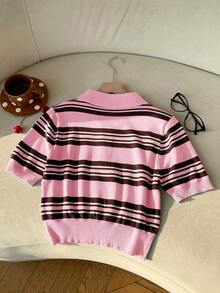 SHEIN EZwear 女士休闲日常条纹多色毛衣 - 粉色 - 查看 2
