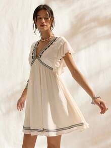 Easelle White Embroidered Ruffle V-Neck Mini Dress For Women Summer Beach Dress Vacation Outfits Women Ruffle A Swing Loose And Comfortable Holiday Boho Dresses For Women Summer Beach Dresses For Women Resort Wear Women Vacation Dress Embroidered Dress For Women Casual Dresses For Women Summer Dresses For Greece Women Beach Dress Women's Summer Dresses Summer Dresses For Women Greece - White - View 4