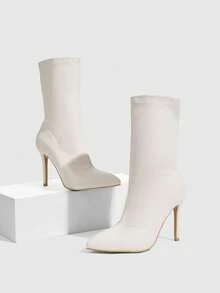 Daringsoles 女款尖頭性感側拉鍊彈性靴 緊身 PU 短靴 高跟靴 派對度假休閒女靴 - 杏色PU - 查看 2