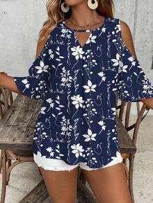 EMERY ROSE Plus Size Women Floral Print Off-Shoulder Casual Versatile Daily Wear Shirt - Multicolor - View 2