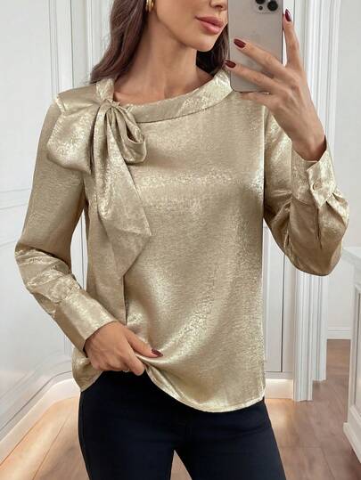 Miaspire 女士纯色金属扭领长袖时尚衬衫，缎面衬衫，金色衬衫，金属上衣，灯笼袖衬衫，泡泡袖衬衫，亮片上衣，优雅衬衫，女士衬衫，新年服装