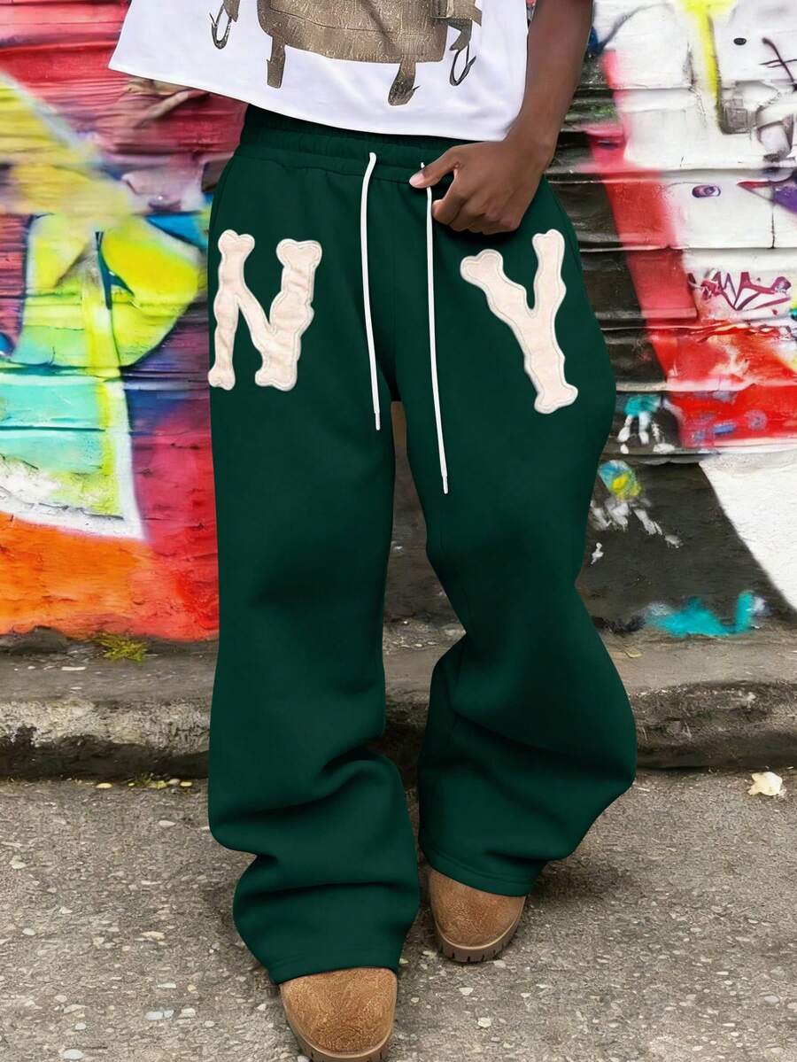 Manfinity Roghcode Men's Letter Print Drawstring Waist Casual Everyday Sweatpants - Green - View 1