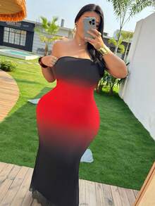 Coolane Women's Plus Size Summer Sexy Going Out Rave Outfit Elegant Beach Outfits Vacation Stretchy Strapless Black Red Print Flattering Curvy Confidence-Boosting Plus Size Dress - Multicolor - View 3