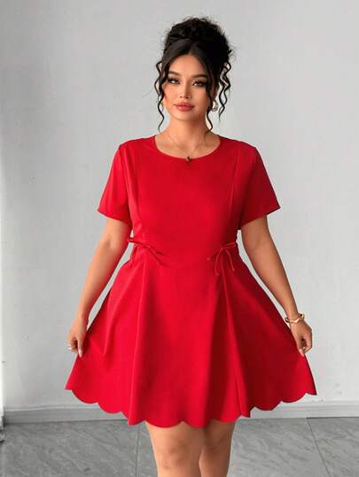 Elenzga Plus Size Women Solid Color Round Neck Short Sleeve Elegant Party Cocktail Romantic Date Holiday Dress