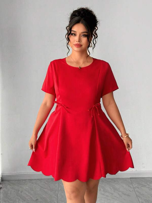 Elenzga Plus Size Women Solid Color Round Neck Short Sleeve Elegant Party Cocktail Romantic Date Holiday Dress