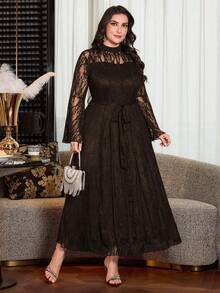 Modelyn Elegant Solid Color Lace Long Sleeve Cinched Waist A-Line Plus Size Dress, Suitable For Spring And Summer Fall - Coffee Brown - View 5