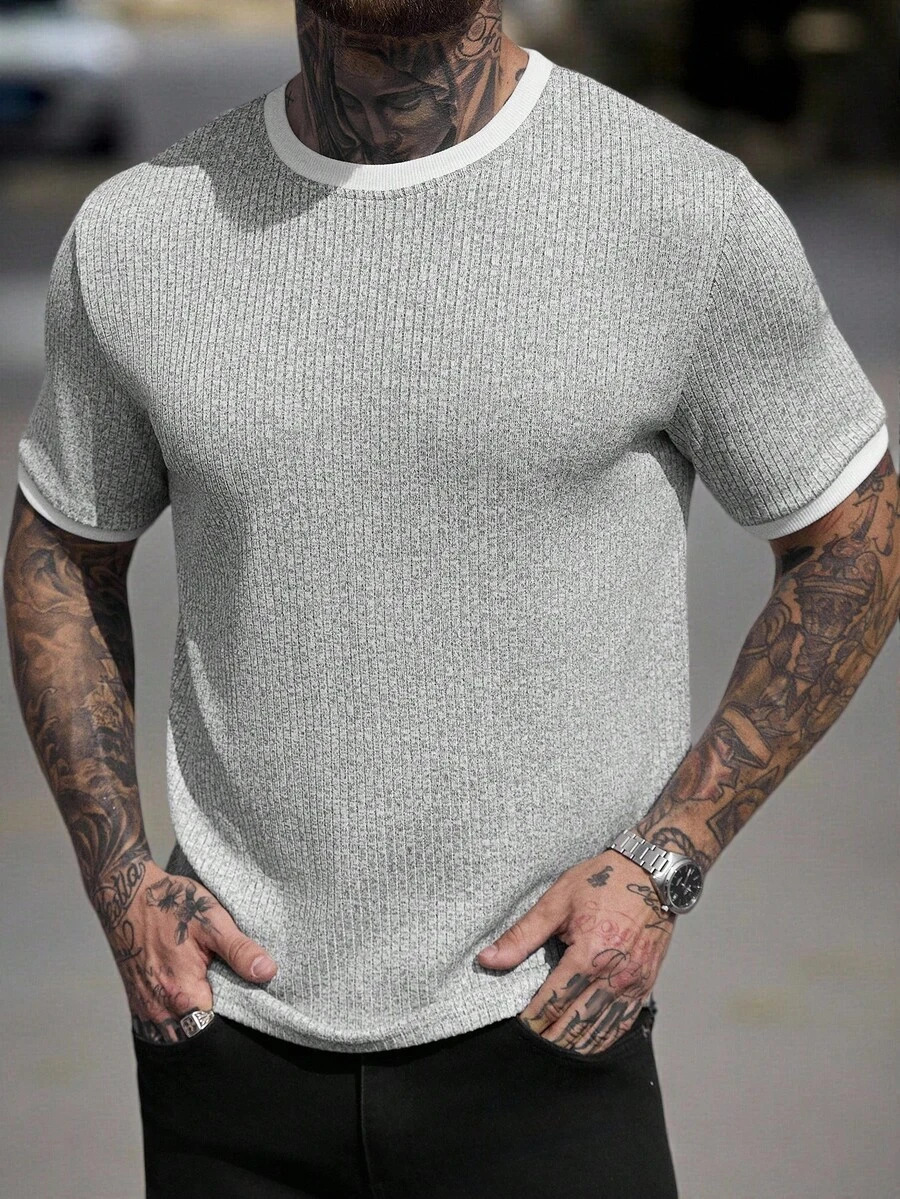 Manfinity CasualCool 男士休闲百搭圆领短袖T恤，夏季 - 灰色 - 查看 1