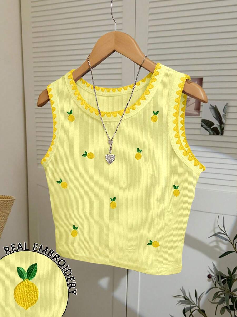 Resyla Women's Lemon Print Embroidered Trim Fitted Camisole - Yellow - View 1