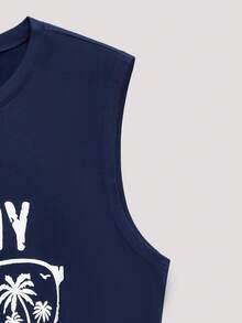 Open Phase Men's Summer Letter & Palm Tree Print Round Neck Casual Tank Top Spring To Summer - Navy Blue - View 5