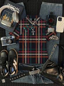 女士条纹短袖纽扣休闲衬衫 - 彩色 - 查看 1