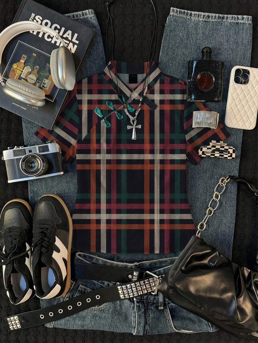 女士条纹短袖纽扣休闲衬衫 - 彩色 - 查看 1