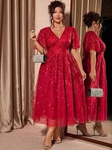 Allurite Plus Size Elegant V-Neck Mesh Sequin Ruffle Hem Party Dress, Red - Red - View 5
