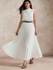 Briarwyn Elegant White Summer High Neck Pleated Dress,Waist Cinched Brunch Outfits For Women,Vacation Beach Dress,Luxury Evening Wedding Party Ceremony Dress - White - View 1