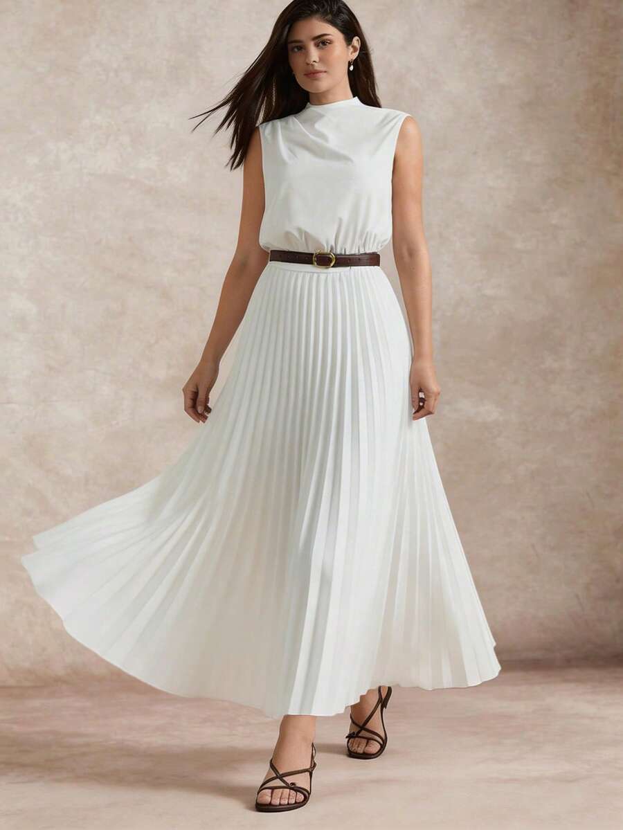 Briarwyn Elegant White Summer High Neck Pleated Dress,Waist Cinched Brunch Outfits For Women,Vacation Beach Dress,Luxury Evening Wedding Party Ceremony Dress - White - View 1