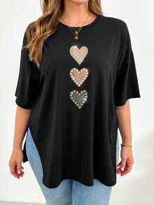 SHEIN Essnce Heart Print Hem Slit Plus Size T-Shirt - Multicolor - View 5