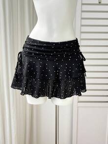 SHEIN Unity 女士波点蛋糕裙，纹理蕾丝面料女士半身裙 夏季波点半身裙 - 黑色 - 查看 4